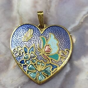 Heart-Shaped Enamel Pendant with Butterfly Design